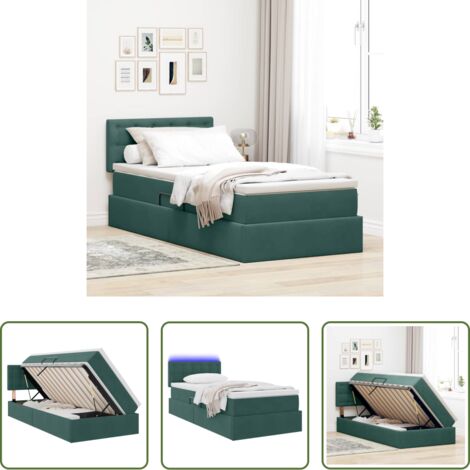 Letto con LED -  Letto con contenitore e LED Verde Scuro 90 x 190 cm Velluto
