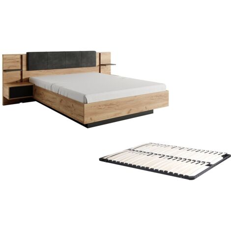 Letto con LED + Rete + Comodini 160 x 200 cm Naturale e Antracite - ELYNIA
