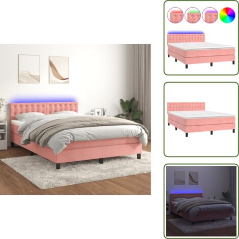 Letto con LED - vidaXL Letto a Molle con Materasso e LED Rosa 140x190 cm in Velluto - Letto in velluto