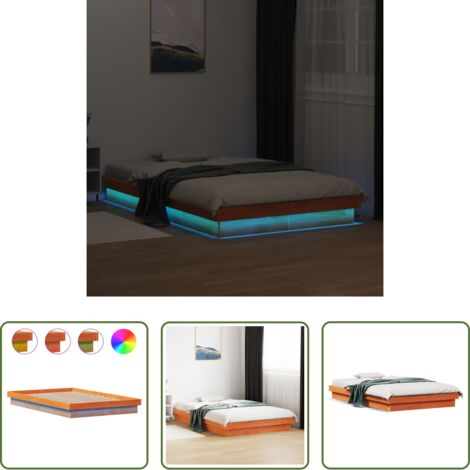 Letto con luci LED -  Giroletto LED Marrone Cera 135x190 cm in Legno Massello di Pino