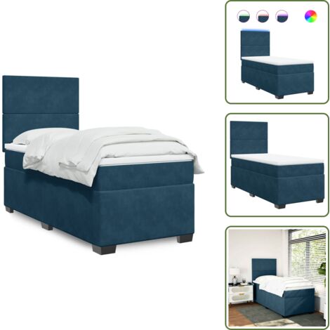 Letto con luci LED - vidaXL Giroletto a Molle con Materasso Blu 90x200 cm in Velluto - Testiera regolabile
