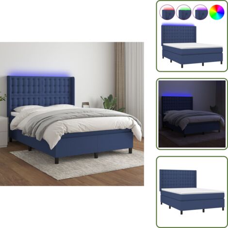 Letto con luci LED - vidaXL Letto a Molle con Materasso e LED Blu 140x200 cm in Tessuto - Letto con testiera regolabile