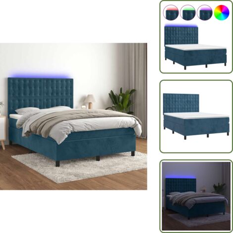 Letto con luci LED - vidaXL Letto a Molle con Materasso e LED Blu Scuro 140x190 cm - Letto con testiera regolabile