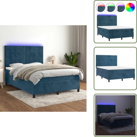 Letto con luci LED - vidaXL Letto a Molle con Materasso e LED Blu Scuro 140x200 cm - Letto con testiera regolabile