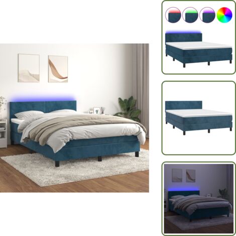 Letto con luci LED - vidaXL Letto a Molle con Materasso e LED Blu Scuro 140x200 cm - Letto con testiera regolabile