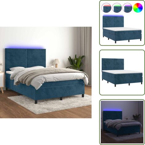 Letto con luci LED - vidaXL Letto a Molle con Materasso e LED Blu Scuro 140x200 cm - Letto con testiera regolabile