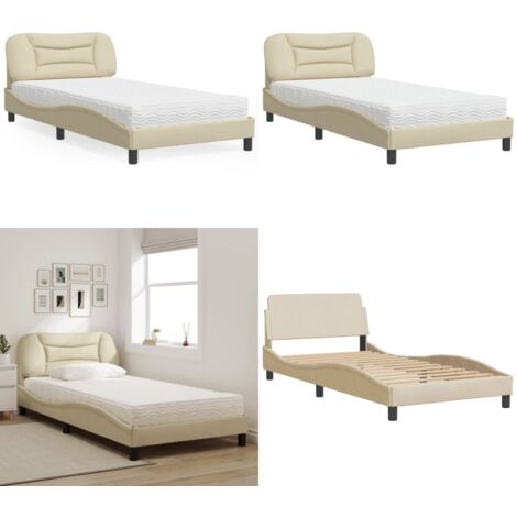 Letto con Materasso Hvar Crema 100x200 cm in Tessuto - Materasso in schiuma - Letto con testiera