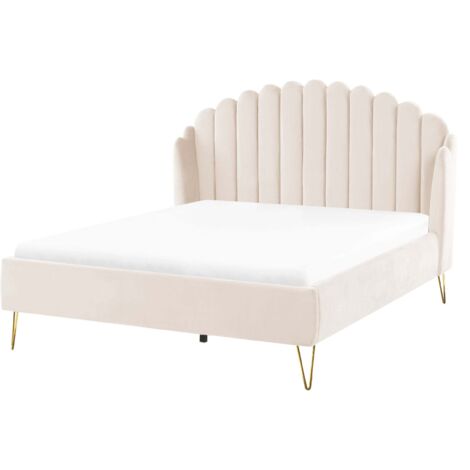 Letto con rete in velluto beige 140 x 200 cm gambe in metallo testata retro capitonné Ambillou