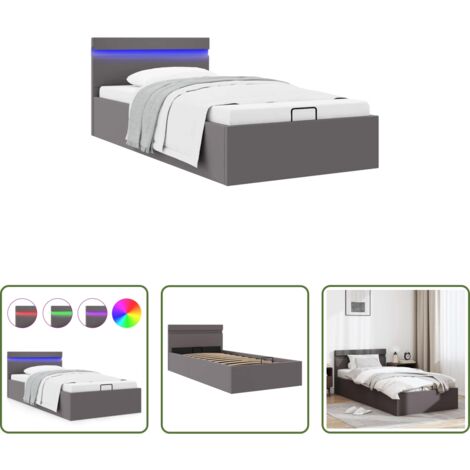 Letto con scomparto -  Giroletto Contenitore Idraulico LED Grigio Similpelle 90x200 cm