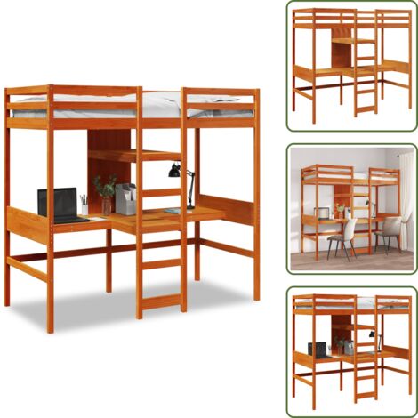 Letto con scrivania - vidaXL Giroletto Soppalco Scrivanie Ripiani Marrone Cera 90x200cm Pino - Letto con ripiani