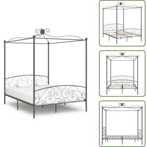 Letto con tenda - vidaXL Letto a Baldacchino Grigio in Metallo 180x200 cm - Letto con zanzariera
