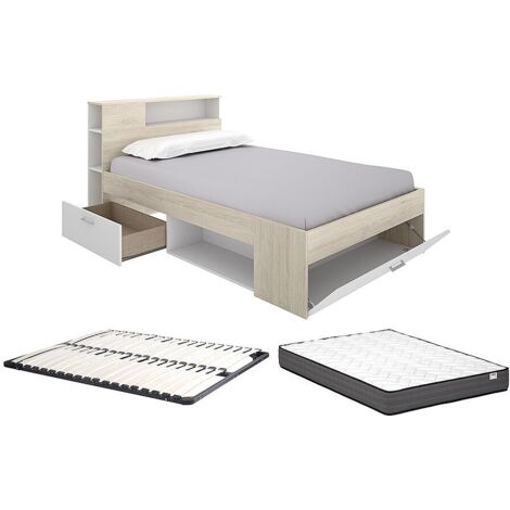 Letto con testata vani e cassetto 120x190cm Naturale e Bianco + Rete a doghe + Materasso - LEANDRE