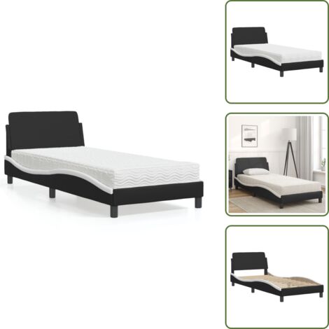 Letto con testata - vidaXL Letto con Materasso Dover Nero e Bianco 90x200 cm in Similpelle - Materasso in schiuma PU