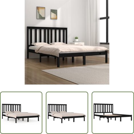 Letto con testiera -  Giroletto Nero in Legno Massello di Pino 140x190 cm