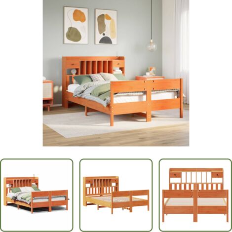 Letto con testiera -  Letto Libreria senza Materasso Marrone Cera 160x200 cm in Pino