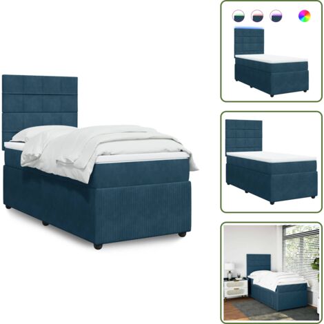 Letto con testiera regolabile - vidaXL Giroletto a Molle con Materasso Blu 100x200 cm in Velluto - Letto con luci LED