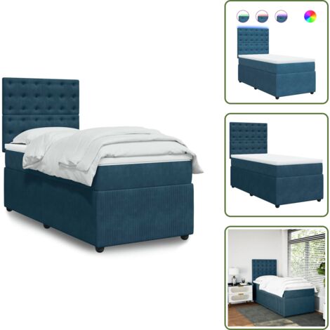 Letto con testiera regolabile - vidaXL Giroletto a Molle con Materasso Blu 100x200 cm in Velluto - Letto con luci LED