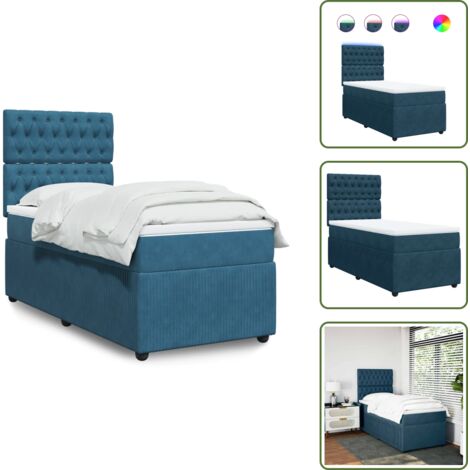 Letto con testiera regolabile - vidaXL Giroletto a Molle con Materasso Blu 100x200 cm in Velluto - Letto con luci LED