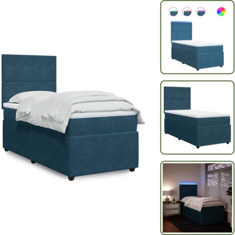 Letto con testiera regolabile - vidaXL Giroletto a Molle con Materasso Blu 100x200 cm in Velluto - Letto con luci LED