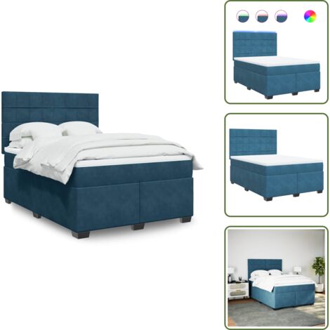 Letto con testiera regolabile - vidaXL Giroletto a Molle con Materasso Blu 140x190 cm in Velluto - Letto con luci LED