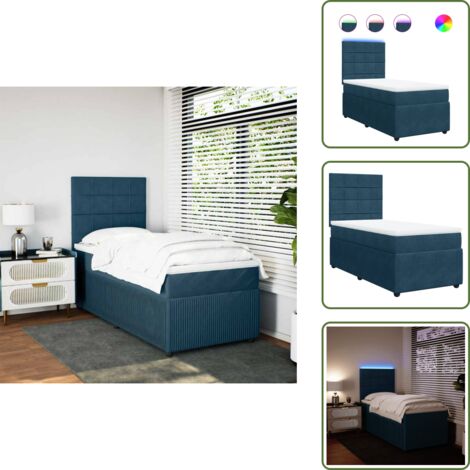 Letto con testiera regolabile - vidaXL Giroletto a Molle con Materasso Blu 90x190 cm in Velluto - Letto con luci LED
