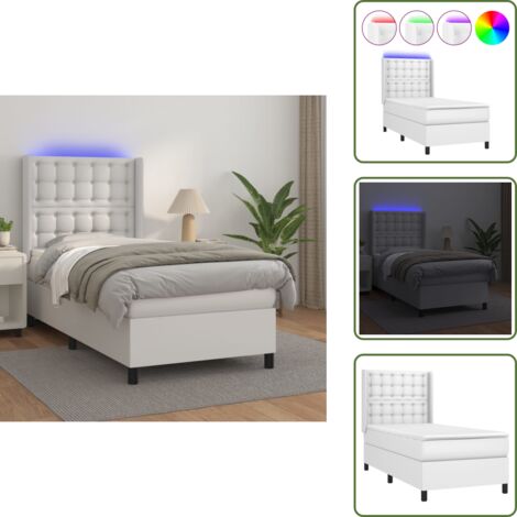 Letto con testiera regolabile - vidaXL Giroletto Molle con Materasso e LED Bianco 90x190 cm Similpelle - Letto con coprimaterasso