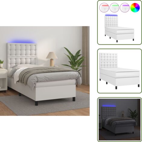 Letto con testiera regolabile - vidaXL Giroletto Molle con Materasso e LED Bianco 90x200 cm Similpelle - Letto con coprimaterasso