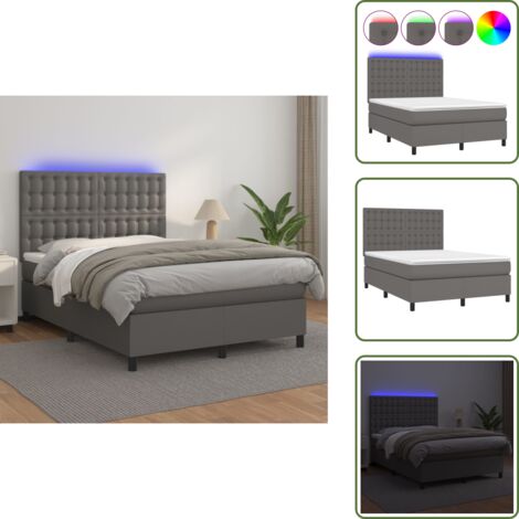 Letto con testiera regolabile - vidaXL Giroletto Molle con Materasso e LED Grigio 140x200cm Similpelle - Letto con coprimaterasso