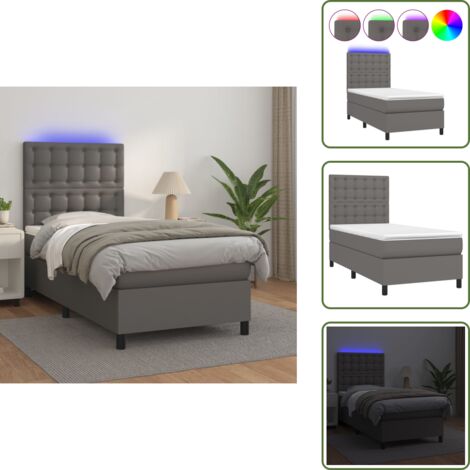 Letto con testiera regolabile - vidaXL Giroletto Molle con Materasso e LED Grigio 90x190cm Similpelle - Letto con coprimaterasso