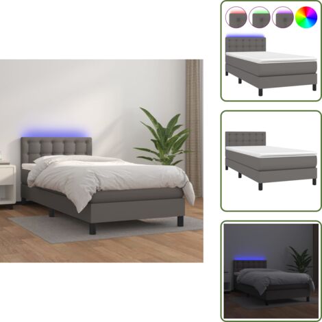 Letto con testiera regolabile - vidaXL Giroletto Molle con Materasso e LED Grigio 90x190cm Similpelle - Letto con coprimaterasso