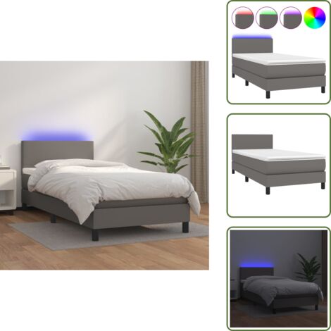 Letto con testiera regolabile - vidaXL Giroletto Molle con Materasso e LED Grigio 90x190cm Similpelle - Letto con coprimaterasso