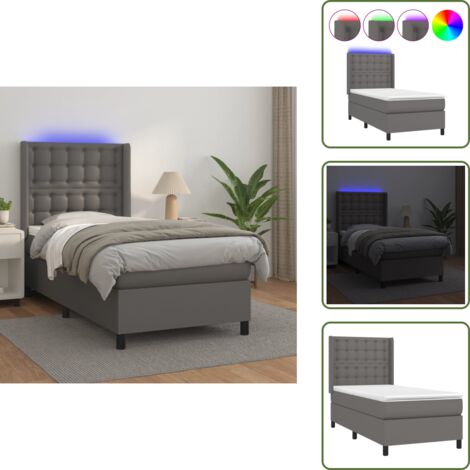 Letto con testiera regolabile - vidaXL Giroletto Molle con Materasso e LED Grigio 90x200cm Similpelle - Letto con coprimaterasso