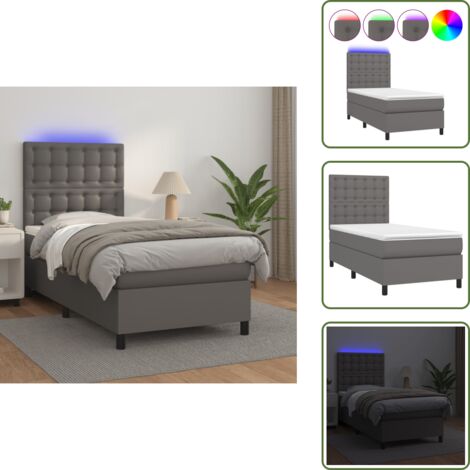 Letto con testiera regolabile - vidaXL Giroletto Molle con Materasso e LED Grigio 90x200cm Similpelle - Letto con coprimaterasso