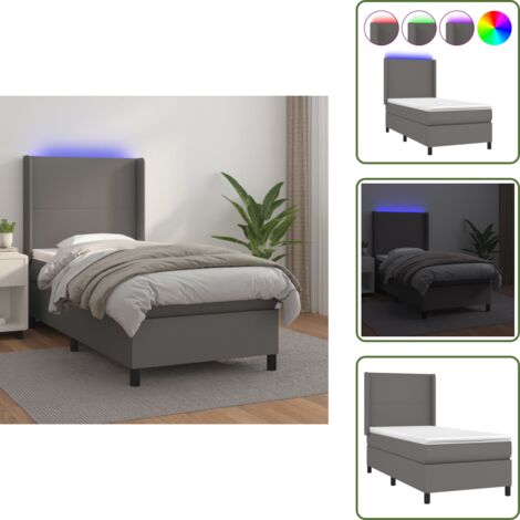 Letto con testiera regolabile - vidaXL Giroletto Molle con Materasso e LED Grigio 90x200cm Similpelle - Letto con coprimaterasso