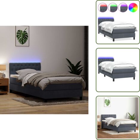 Letto con testiera regolabile - vidaXL Letto a Molle con Materasso e LED Grigio Scuro 80x210 cm Velluto - Letto in velluto