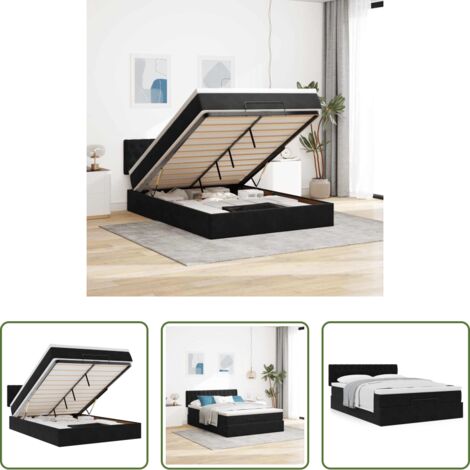 Letto con testiera -  Struttura Letto Pouf con Materasso Nero 140x200 cm in Velluto