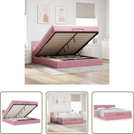 Letto con testiera -  Struttura Letto Pouf con Materasso Rosa 160x200 cm in Velluto