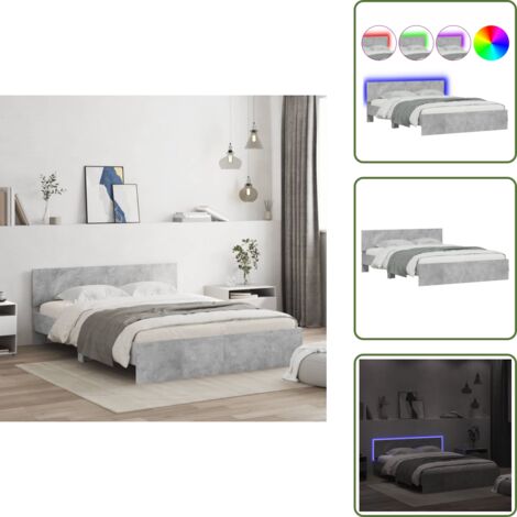 Letto con testiera - vidaXL Giroletto con Testiera e LED Grigio Cemento 160x200 cm - Letto con doghe