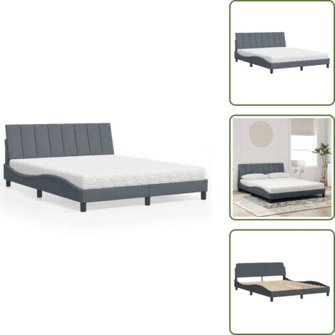 Letto con testiera - vidaXL Letto con Materasso Hanko Grigio Scuro 160x200 cm in Velluto - Materasso in schiuma PU