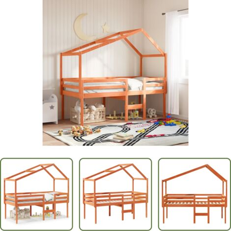 Letto con tetto -  Letto a Soppalco con Tetto Cera 90x190cm Legno Massello di Pino