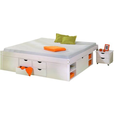 Letto con vani contenitore e comodino con ruote incluse