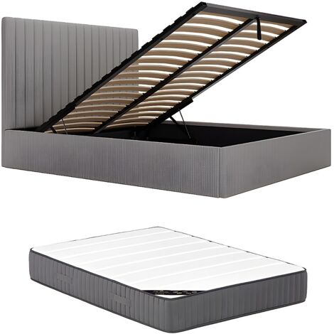 Letto con vano 160 x 200 cm con testata letto impunture verticali Velluto a coste Grigio + Materasso SARAH