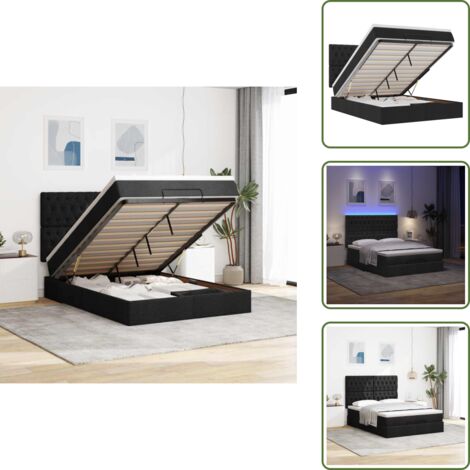 Letto con vano portaoggetti - vidaXL Struttura Letto Pouf con Materasso Nero 140x190 cm in Tessuto - Letto con luci LED