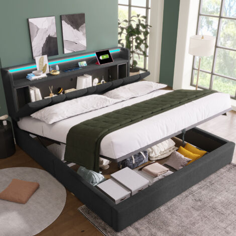 Letto Contenitore 140×190 cm, Letto Matrimoniale con Testiera Contenitore, USB, Tipo C, LED Regolabile e senza Materasso, Lino, Grigio