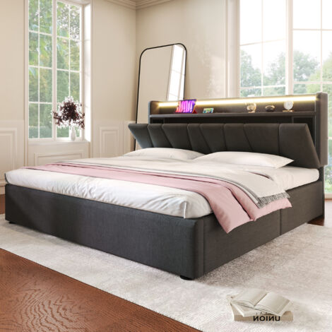 Letto Contenitore 140×200 cm, Letto Matrimoniale con Testiera Contenitore, USB, Tipo-C e LED, senza Materasso, in Lino - Grigio