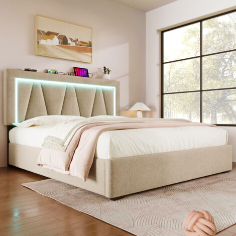 Letto Contenitore 140×200 cm, Letto Matrimoniale con USB, Tipo C, LED Regolabile e Testiera Regolabile, con Materasso, in Lino, Beige