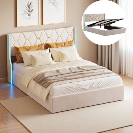 FORTUNA LAI Letto contenitore 140x190 cm, velluto, striscia luminosa a LED, rete a doghe in legno massello, ampio spazio contenitivo, letto matrimoniale imbottito - Beige