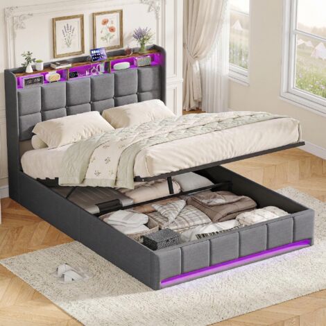 Letto contenitore 140x190, letto matrimoniale con LED e USB – Include rete a doghe, rivestimento in tessuto effetto lino, stile scandinavo – Grigio