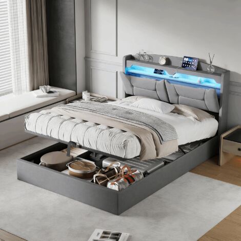 Letto contenitore 140x190,letto matrimoniale contenitore,con LED, USB, rete a doghe, tessuto di lino, grigio chiaro