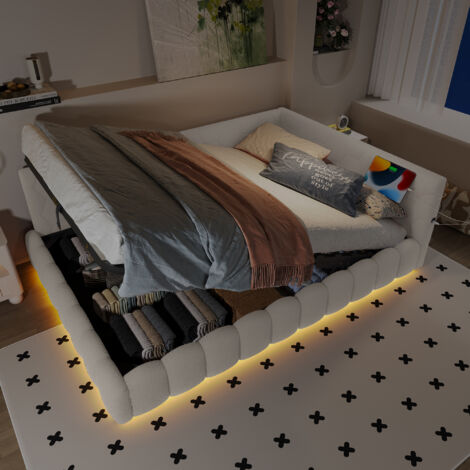 Letto contenitore 140x200 cm, divano letto con idraulico, LED, porte USB-C, con comodo tessuto pile ,bianco (senza materasso)